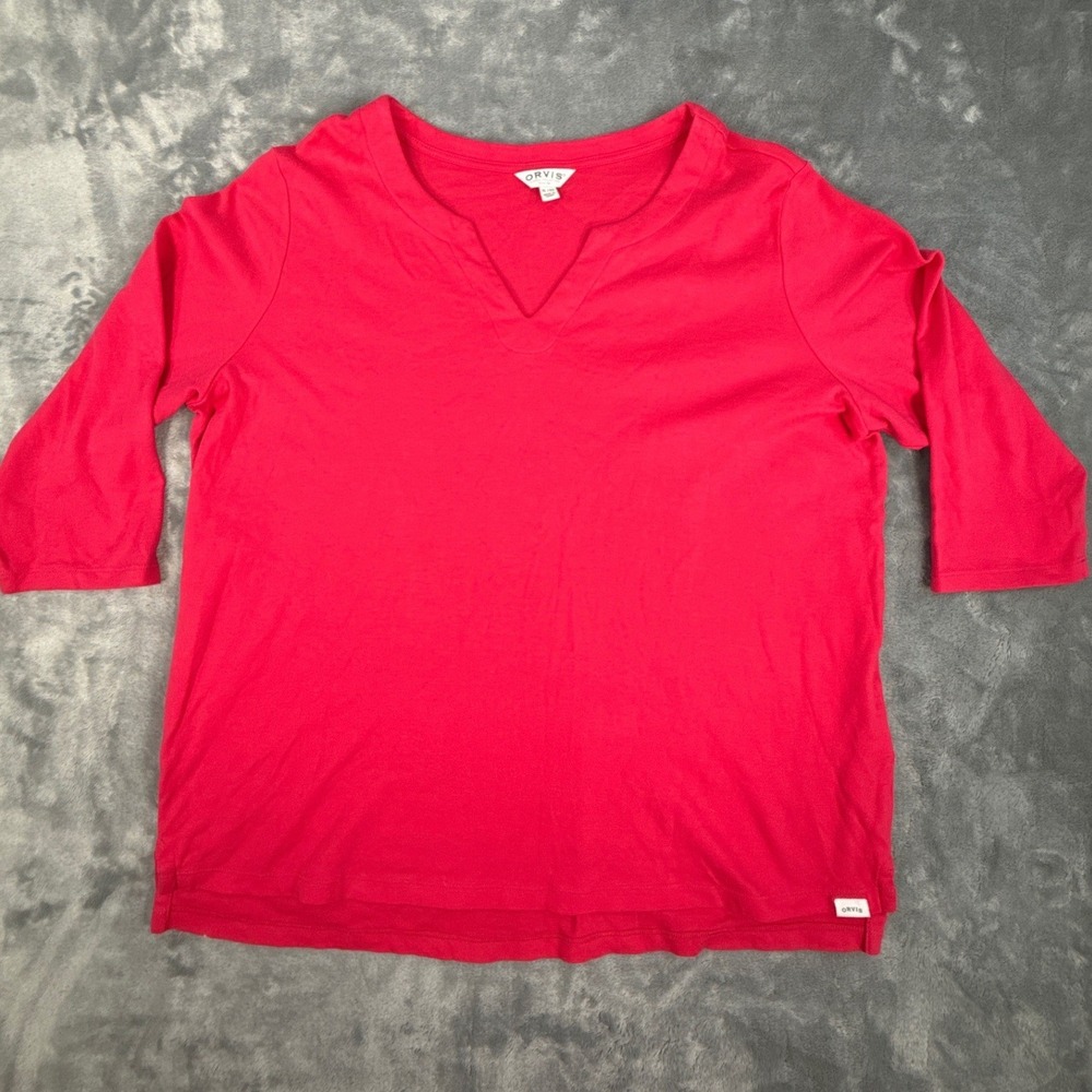 Orvis Womens Red 100% Pima Cotton 3/4 Sleeve Split V-Neck Top XL shirt, 46 bust
